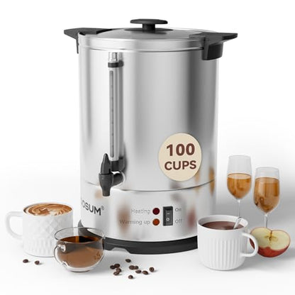 100-Cup Commercial Coffee Maker Hot Water Urn, 4 Gallon Large Capacity Hot Drink Dispenser, 1500W Quick Brew for Catering Events, Stainless Steel
