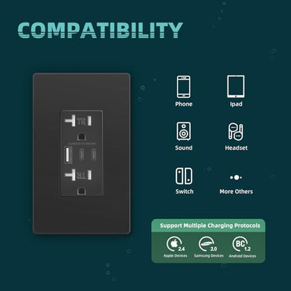 TOPELER Black USB Wall Charger Outlets, 6.0A/30W Wall Receptacle w/USB-C&A - color: Black, size: 20A