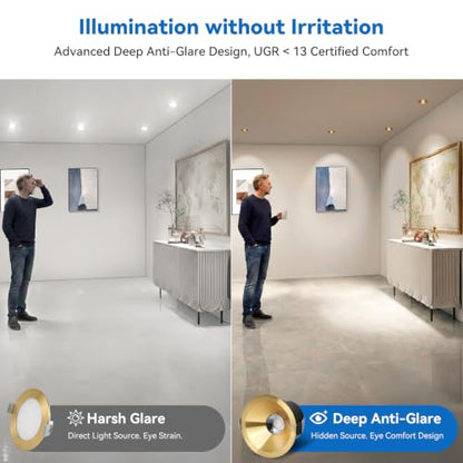 CycevSun Gold 3 Inch LED Recessed Lights, Anti-Glare COB Spotlight, 6 Pack - color: Gold, size: 3 Inch