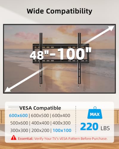 HOME VISION Heavy Duty TV Wall Mount 48-100", Fixed, VESA 600x600, 220 lbs - size: 48-100 Inch
