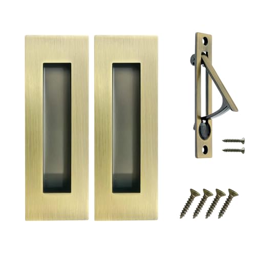 Pocket Door Pull and Edge Pull Antique Brass Set, 6Inch Handles Hardware Latch,Recessed Finger Flush Pulls,for Closet,Sliding,Barn Door - color: Antique Brass, size: 6Inch-A
