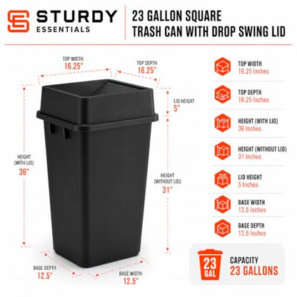 23 Gallon Black Square Plastic Kitchen Trash Can with Drop Lid - color: Black