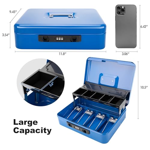 Cash Box with Snap Latch Combination Lock and Sliding Coin Lid, Secure Cash Box with Money Tray and Lock, Durable Safe Money Box for Home and Office,Blue,11.8"L x 9.5"W x 3.5"H - color: Deep Cobalt
