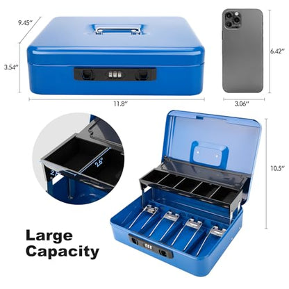 Cash Box with Snap Latch Combination Lock and Sliding Coin Lid, Secure Cash Box with Money Tray and Lock, Durable Safe Money Box for Home and Office,Blue,11.8"L x 9.5"W x 3.5"H - color: Deep Cobalt