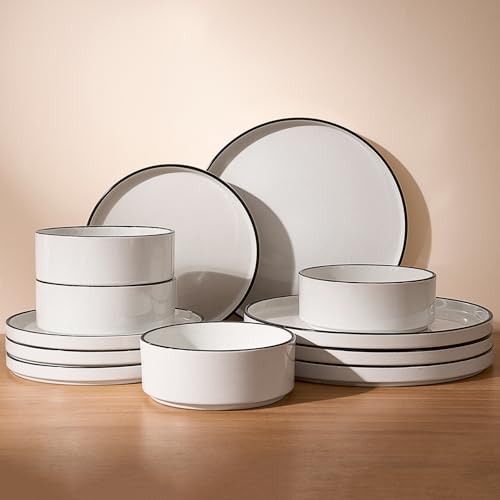 Famiware Nebula 12-Piece Dinnerware Set, White with Black Rim - color: White with Black Rim, size: Service for 4 (Standard Dinner Set)