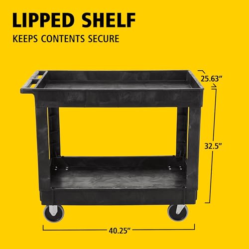 Rubbermaid Commercial Products 2-Shelf Utility/Service Cart, Medium, Lipped Shelves, Standard Handle, 500 lbs. Capacity, for Warehouse/Garage/Cleaning/Manufacturing/Maintenance - size: Medium