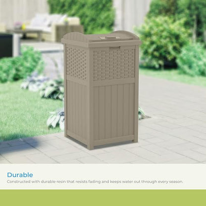 Suncast Wicker Resin Outdoor Hideaway Trash Can with Latching Lid for Use in Backyard, Deck, or Patio, Dark Taupe - color: Dark Taupe