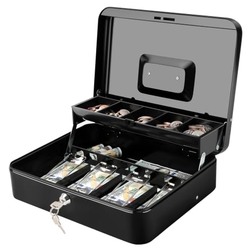 Jssmst Cash Box with Key Lock - 1mm Thick Metal Money Box for Garage Sales, Yard Sales and Petty Cash, Portable Cash Drawer with Coin Tray & Spill-Proof Foam Coin Cover, 4 No-Pinch Bill Clips,11.8'' - color: Black Key