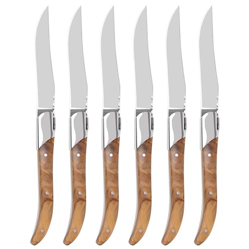 LUVCOSY Laguiole Style Steak Knife Set of 6, Non-serrated Steak Knife Set with Olive Wood Handle, Sharp Stainless Steel Steak Knives with Gift Box, Dinner Cutlery Set for Home Party - color: Olive Wood Handle