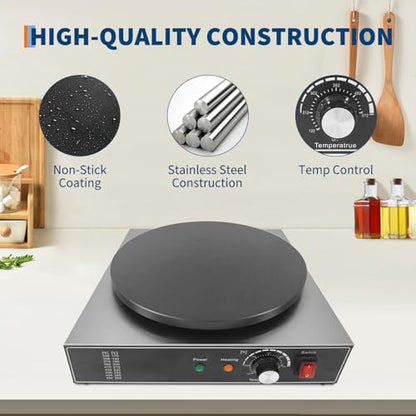 16 Inch Commercial Electric Crepe Maker – Non-Stick Flat Griddle – Accurate Temperature Control & Gauge Lights – 1750W 110V – Perfect for Pancakes & Omelets – Home & Restaurant Use – Single - size: Single Plate