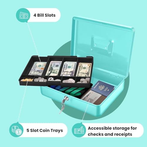 Flexzion Small Cash Box with Money Tray and Lock, 11.4-Inch, Blue - color: Blue
