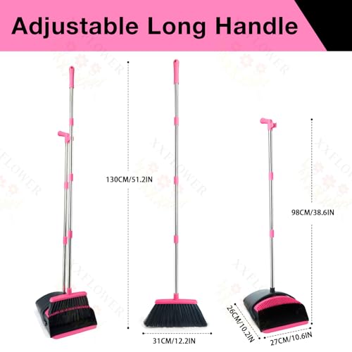Broom and Dustpan Set,Long Handle Lightweight Dustpans with Broom Combo for Home,Indoor&Outdoor Sweeping for Home Room Kitchen Office Lobby (Black Pink) - color: Black Pink