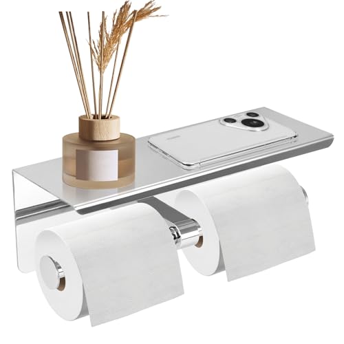Double Toilet Paper Holder, Stainless Steel Tissue Paper Holder with Shelf Anti -Rust Toilet Paper Dispenser Wall Mounted for Bathroom (Silver New) - color: Silver New