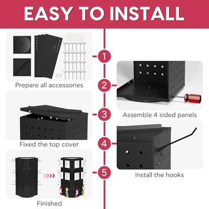 Rotating Pegboard Display Stand With 24 Hooks ,Metal Spinning Peg Board Displays, Desk Pegboard,Merchandise Display Rack for Selling Accessories Vendors & Events Retail Craft Shows & Fairs ( Black) - color: Black