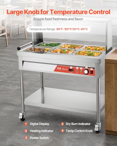 VEVOR 6-Pan Commercial Food Warmer, 6 x 1/2 Pans Electric Steam Table, 1500W Professional Buffet Catering Food Warmer with Shield Undershelf Wheels, Stainless Steel Server for Party Restaurant - size: 6*1/2 Pans