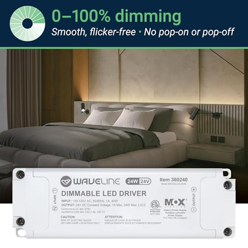 WaveLine 24V DC Dimmable LED Driver Power Supply 60 Watt – Triac Dimming AC to DC Transformer, 120V Input to 24 Volt Constant Voltage Output for LED Strip Light, Under Cabinet & Puck Lighting