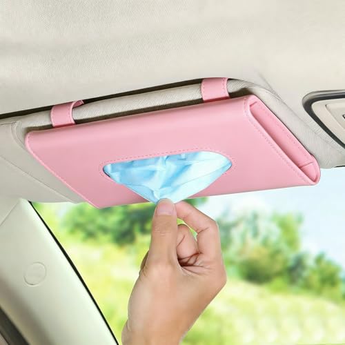Car Visor Tissue Holder, Vehicle Sun Visor Napkin Hanging Case Holder with Ergonomic Take-Out Port, Automotive Interior Tissue Dispenser, Universal for SUV RV Lorry (Pink)