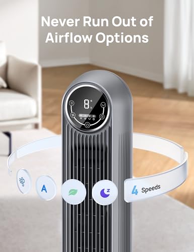 DREO Tower Fan for Bedroom, 25ft/s Velocity, 28dB Ultra Quiet, 4 Speeds - color: Grey, size: 36 inch
