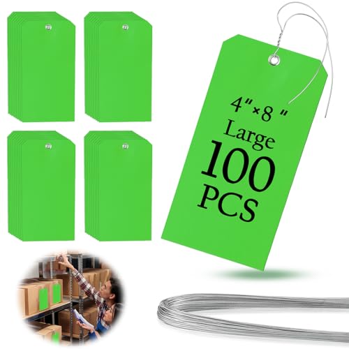 100 Pieces 4x8 inch Large Plastic Tags with Wires Heavy Duty Waterproof Shipping Tags with String Writable Blank Hang Tags for Luggage Garage Inventory Car Parts (Green) - color: Green
