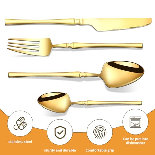 24-Piece Gold Silverware Set with Steak Knives Spoons and Forks for 6, Stainless Steel Flatware Cutlery Eating Utensils Sets,Polished Tableware for Home Kitchen Restaurant Wedding