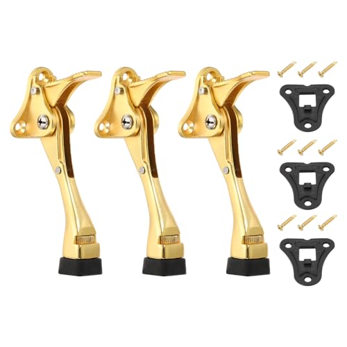 uxcell 3 Set Kickdown Door Stopper, 4.7" Aluminum Alloy Kick Down Door Stoppers for Bottom of Doors One Touch Adjustable Doors Holder with Non-Slip Rubber Tip and Screws for Home, Gold - color: Gold
