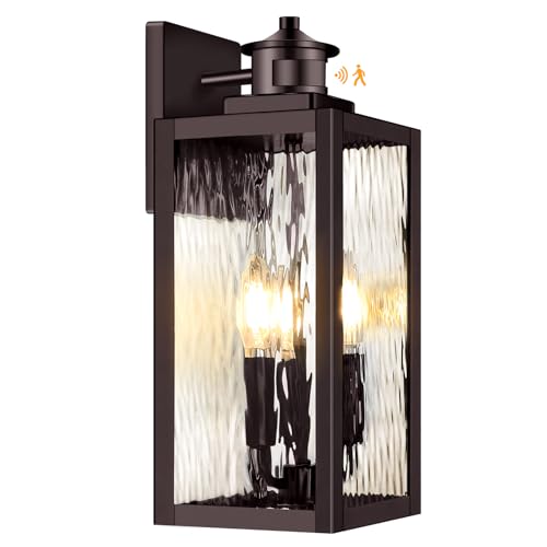 3-Light Motion Sensor Outdoor Wall Light, Waterproof Exterior Wall Sconce Light Fixture with Water-Rippled Glass, Dusk to Dawn Brown Outside Wall Lantern for House, Porch, Patio,Bulbs Not Included - color: Brown, size: 15.5 Inch