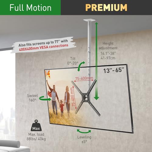 Barkan 38'' Long White TV Ceiling Mount, 13-65 inch Full Motion - 3 Movement Flat/Curved Screen Bracket Holds up to 88lbs, Telescopic Height Adjustment, Fits LED OLED LCD - color: White, size: White