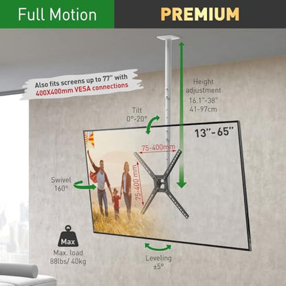 Barkan 38'' Long White TV Ceiling Mount, 13-65 inch Full Motion - 3 Movement Flat/Curved Screen Bracket Holds up to 88lbs, Telescopic Height Adjustment, Fits LED OLED LCD - color: White, size: White