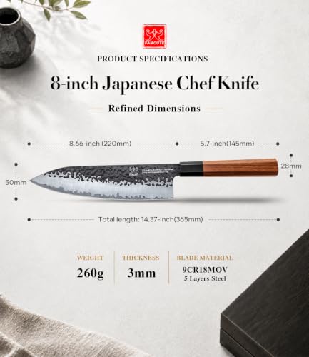 FAMCÜTE 8'' Japanese Knife, Hand Forged Pro Chef Knife with Sandalwood Box - size: 8" Chef Knife+Sandalwood Box