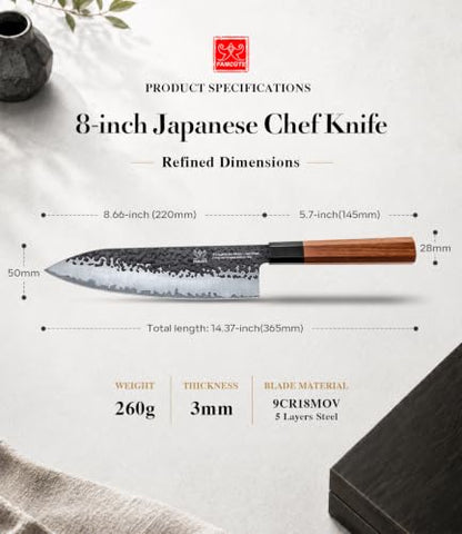 FAMCÜTE 8'' Japanese Knife, Hand Forged Pro Chef Knife with Sandalwood Box - size: 8" Chef Knife+Sandalwood Box