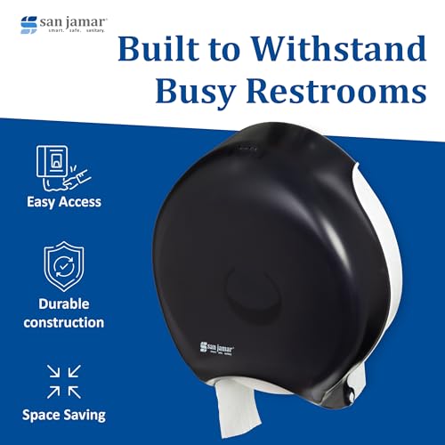 San Jamar R6000TBK 3.125 Mandrel Stainless Steel Pearl Single Jumbo Roll Toilet Tissue Dispenser, 12.9" Width, 14.9" Height, 5.8" Depth, Minimum 3.25" Core Diameter, 12" JBT Roll Capacity, Black Color