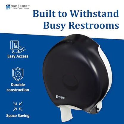 San Jamar R6000TBK 3.125 Mandrel Stainless Steel Pearl Single Jumbo Roll Toilet Tissue Dispenser, 12.9" Width, 14.9" Height, 5.8" Depth, Minimum 3.25" Core Diameter, 12" JBT Roll Capacity, Black Color