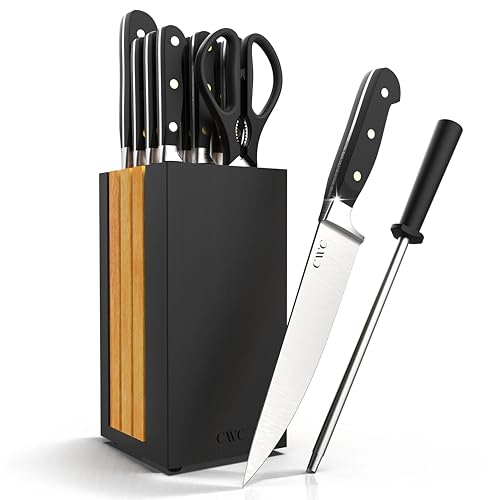 COOK WITH COLOR 14 Pieces Kitchen Knife Block Set, Knives for Kitchen, Forged Cutlery with Razor-Sharp High Carbon Steel Blades, Magnetic Block - color: Black