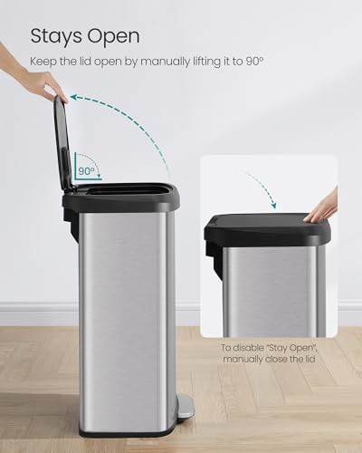 SONGMICS Kitchen Trash Can, 21 Gallon (80 L) Stainless Steel Garbage Can, with Stay-Open Lid and Step-on Pedal, Soft Closure, Tall, Large and Space-Saving, Silver and Black ULTB534E01 - color: Silver + Black, style: 21 Gallons