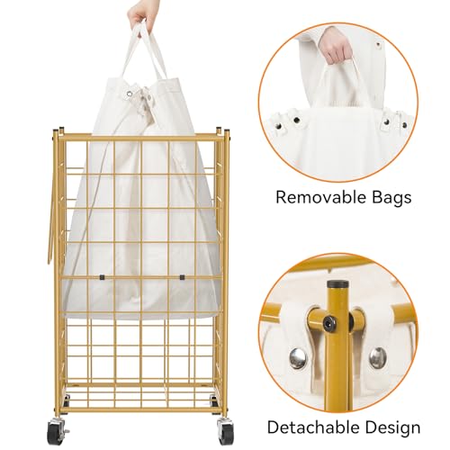 WOWLIVE Rolling Laundry Basket, Metal Wire Frame Laundry Hamper with Wheels - color: Golden, size: 100l