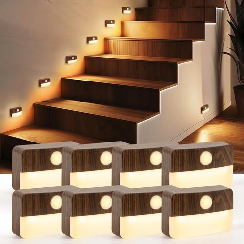 Guankai 8 Pack Motion Sensor Stair Light Indoor, Wireless Battery Operated Closet Lights, Stick on Anywhere Hallway Lamp, Portable Led Night Lamps for Bedroom Under Cabinet Kitchen, Wood Grain - color: Wood Grain - Battery Powered, size: 8 Pack