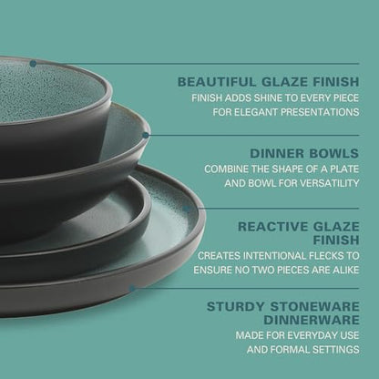 Gibson Elite Tribeca Loft 16-Piece Dinnerware Set – Matte Black and Green Reactive Glaze Stoneware, Double Bowl Round Plates and Bowls – Modern Rustic Tableware for 4, Dishwasher & Microwave Safe - color: Matte Black & Green (Tribeca Loft)