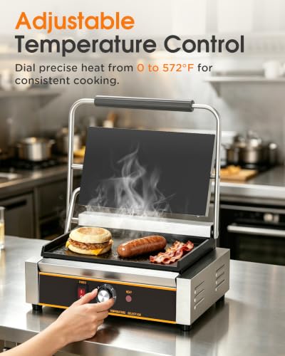 Commercial Panini Press - 2200W Electric Panini Sandwich Grill w/Nonstick Coating & Adjustable Temp, Stainless Steel, Panini Grill Press w/14"x9" Cooking Pan (Full Flat),Double-sided Heating - style: 14"x9" Smooth Plates