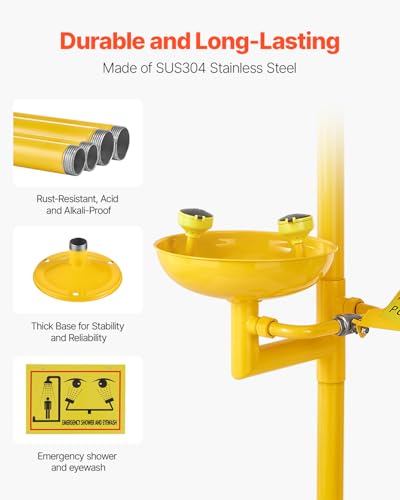 VEVOR Emergency Shower Eye Wash Station, 34.25 x 15.75 x 91.73 Inch 304 Stainless Steel Eyewash and Shower Combination, OSHA-Approved First Aid Eye Wash Station, for Schools, Labs, Factories, Yellow - style: Eyewash and Shower Combination