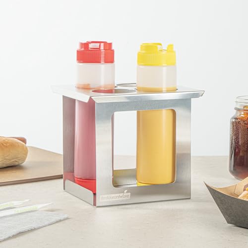 Restaurantware Squeeze Bottle Holder 1 Count 6.30 x 7.01 x 6.26 Inches Stainless Steel Condiment Organizer - Four-Hole Durable Kitchen Rack - Silver Prep Station Organizer - size: Fits 1/6 Size Opening, style: Four Holes, Holder