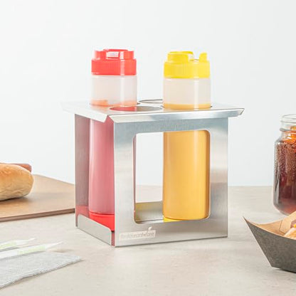 Restaurantware Squeeze Bottle Holder 1 Count 6.30 x 7.01 x 6.26 Inches Stainless Steel Condiment Organizer - Four-Hole Durable Kitchen Rack - Silver Prep Station Organizer - size: Fits 1/6 Size Opening, style: Four Holes, Holder