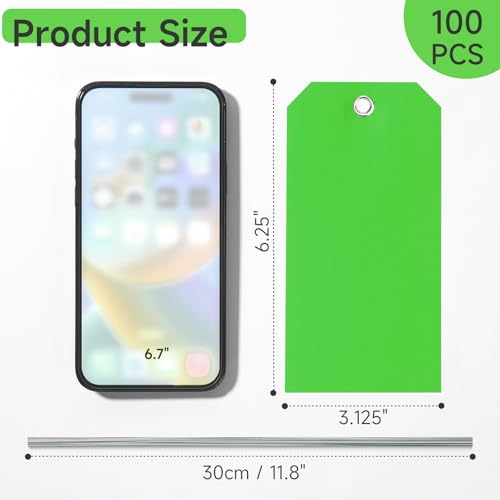 100 Pcs Tags with Wire Shipping Tags with String Write On Stacking Service for Equipment Inventory Storage Parts Valve Car (Green, 6 1/4" x 3 1/8") - color: Green, size: 6 1/4" x 3 1/8"
