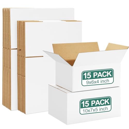 Eupako 30 Pack Small Shipping Boxes Assorted Sizes, 9x6x4 & 10x7x5, 15 PCS Each, White Corrugated Box Mailers, Cardboard Boxes for Packaging Small Business, Mailing - color: White, size: 9x6x4 & 10x7x5 Inches