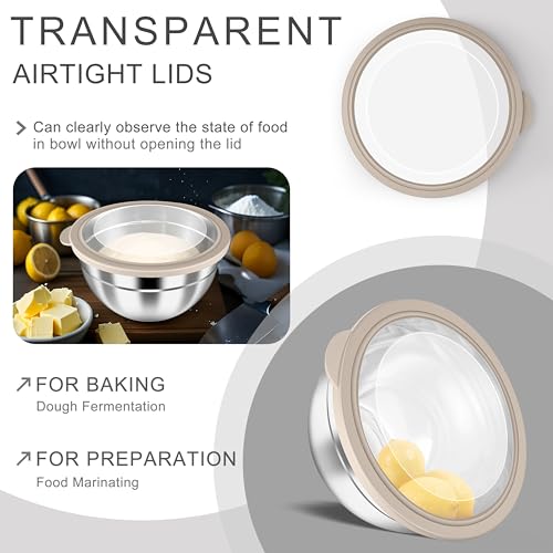 HaWare Mixing Bowls with Clear Airtight Lids, Stainless Steel Nesting Bowls - color: Khaki, size: Visible Airtight Lids