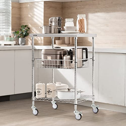 VEVOR Kitchen Utility Cart, 36.6"x20"x24" 3 Tiers Wire Rolling Cart, 470LBS Capacity Steel Service Cart with Brake Wheels, Storage Trolley with 76mm Basket PP Liner 6 Hooks, for Indoor & Outdoor Use - size: 24"D x 20"W x 36.6"H, style: Drawer Cart