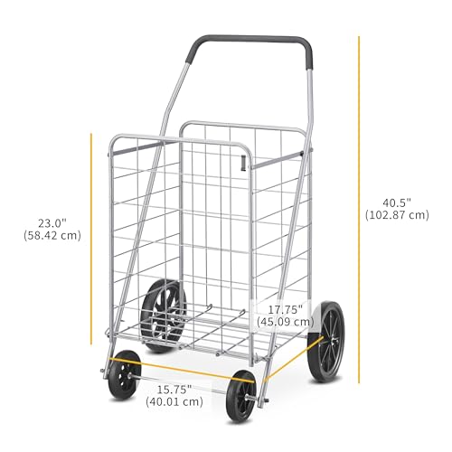 Whitmor Deluxe Utility Foldable Shopping Cart with Wheels, 100 Lb Capacity, Heavy Duty Grocery Cart with Steel Frame, Foam Handle, Rolling Folding Utility Trolley for Grocery, Laundry, Travel, Gray - size: 15.75"L x 17.75"W x 40.5"H, Light Gray