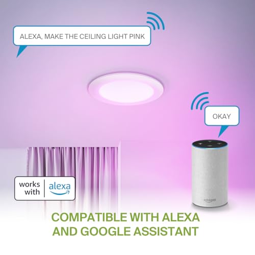 ASD 1 Pack LED Smart Recessed Lighting 6 Inch 12W, RGBW Color Changing Lights, Compatible with Alexa & Google Assistant, Dimmable 2700K-6500K Selectable RGB Lights, WiFi Bluetooth Ceiling Light, ETL - color: White, size: 6 Inch 1 Pack