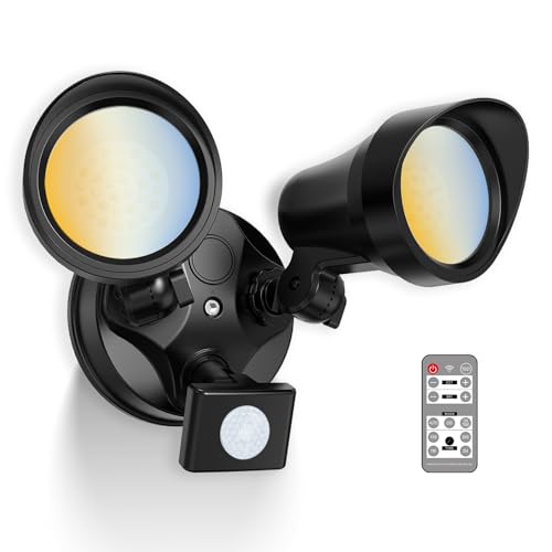ALUSSO LED Security Lights Motion Sensor, 25W 2000LM Flood Lights Outdoor Motion Sensor with Remote 120V, Dimmable Brightness 3000K-6500K CCT IP65 Security Light ETL Listed for House Garage 1 Pack - color: Black Remote Control 25W