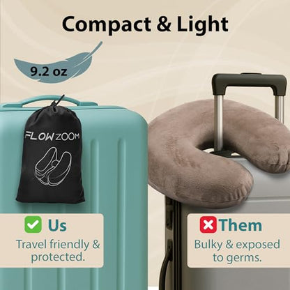 FLOWZOOM Air Inflatable Neck Pillow for Traveling on Plane - H-Shape Hooded Travel Pillow with 5 Snooze Modes, Fast Inflation, Pressure Control, Cozy Clip-On Hood & Plushy Cover - Size L, Silver Gray - color: Silver Gray