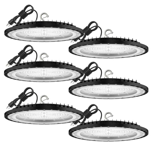 6 Pack UFO 200W LED High Bay Light,5000K,28,000LM, 5 ft Cable with US Plug UL Certified Plug, IP65 Commercial Warehouse Area Light for Wet Location Area, Workshop, Garage - size: 200W 6 Pack